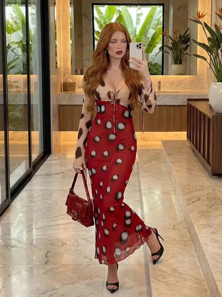 Women Two Tone Dot Print Long Sleeve Split Midi Dress Y2K Deep V Drawstring Slim Mermaid Skirt 2026 Street Club Party Outfit by Dropshipman