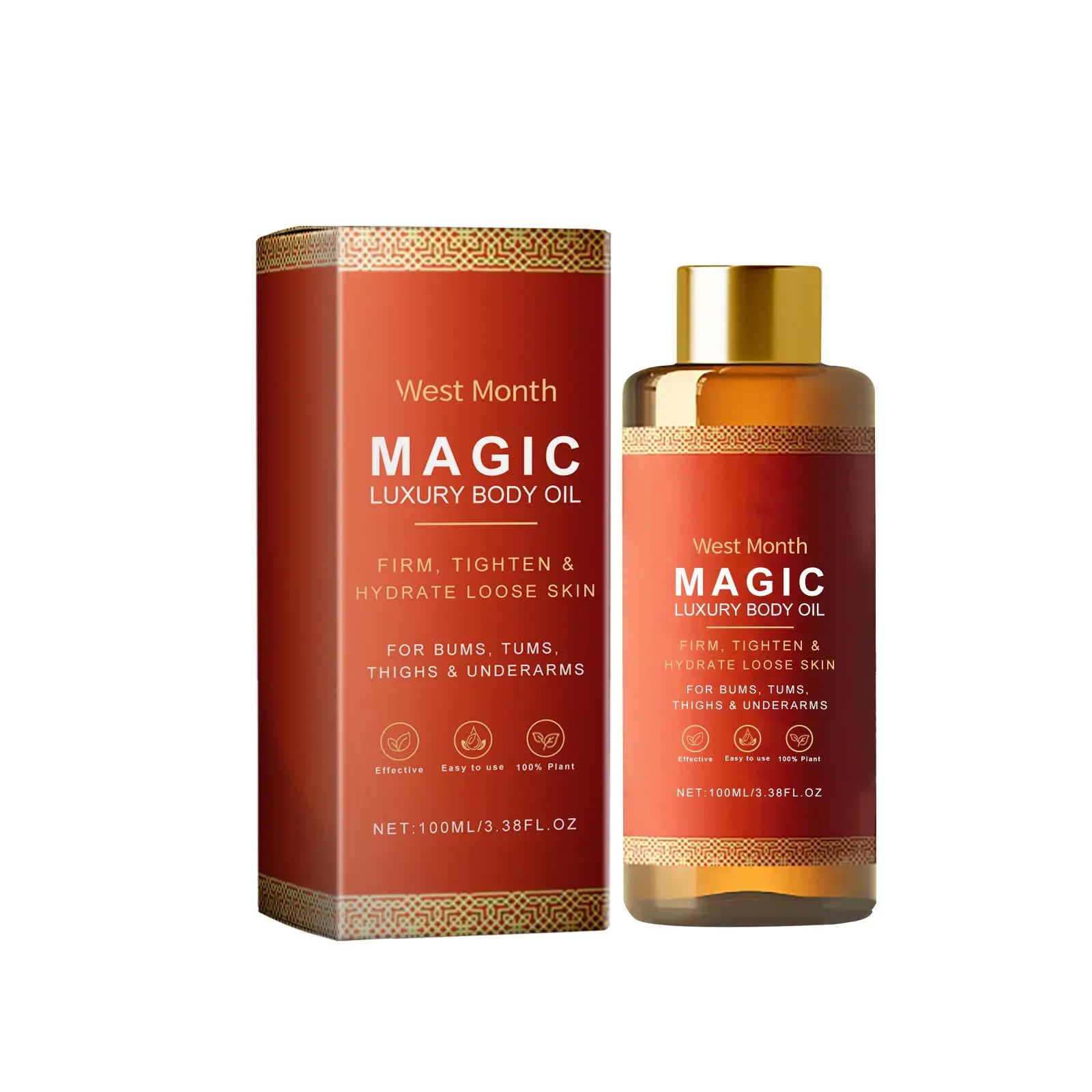 Set of three 100ml bottles of SHOPEZRA L.L.C. soothing body oil with elegant bottles and labels.