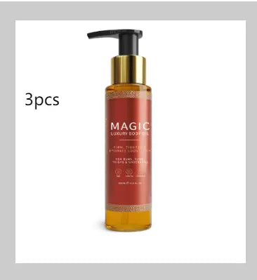 Three 100ml bottles of SHOPEZRA L.L.C. Soothing Body Oil with natural ingredients, displayed together on a white background.