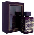 Lattafa Badee Al Oud Amethyst perfume bottle and packaging in an elegant design.