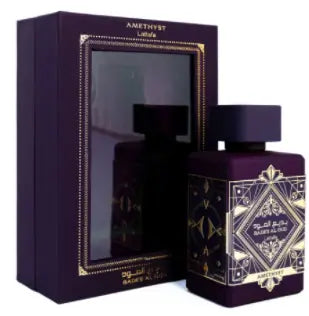 Lattafa Badee Al Oud Amethyst perfume bottle and packaging in an elegant design.