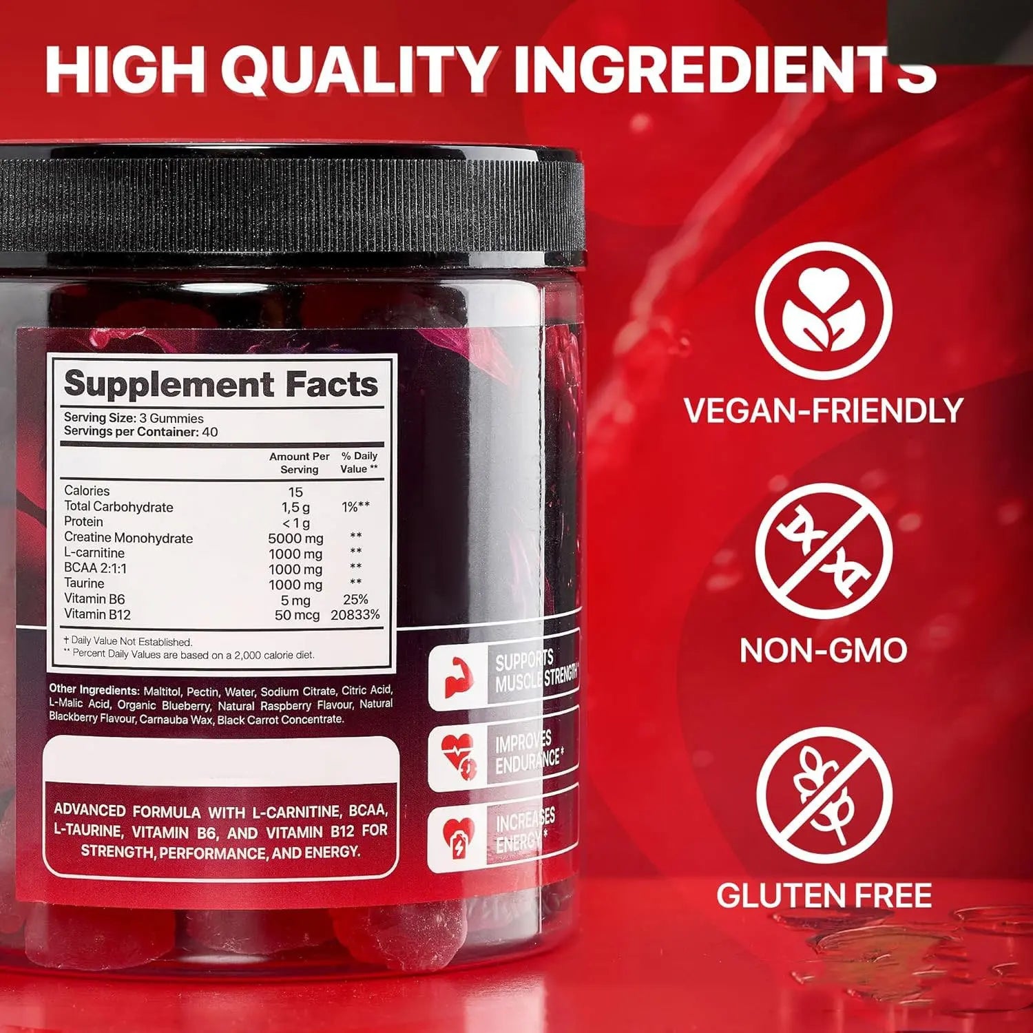 Assorted Muscle Boost Gummies in colorful bottles, designed to support muscle health and energy.