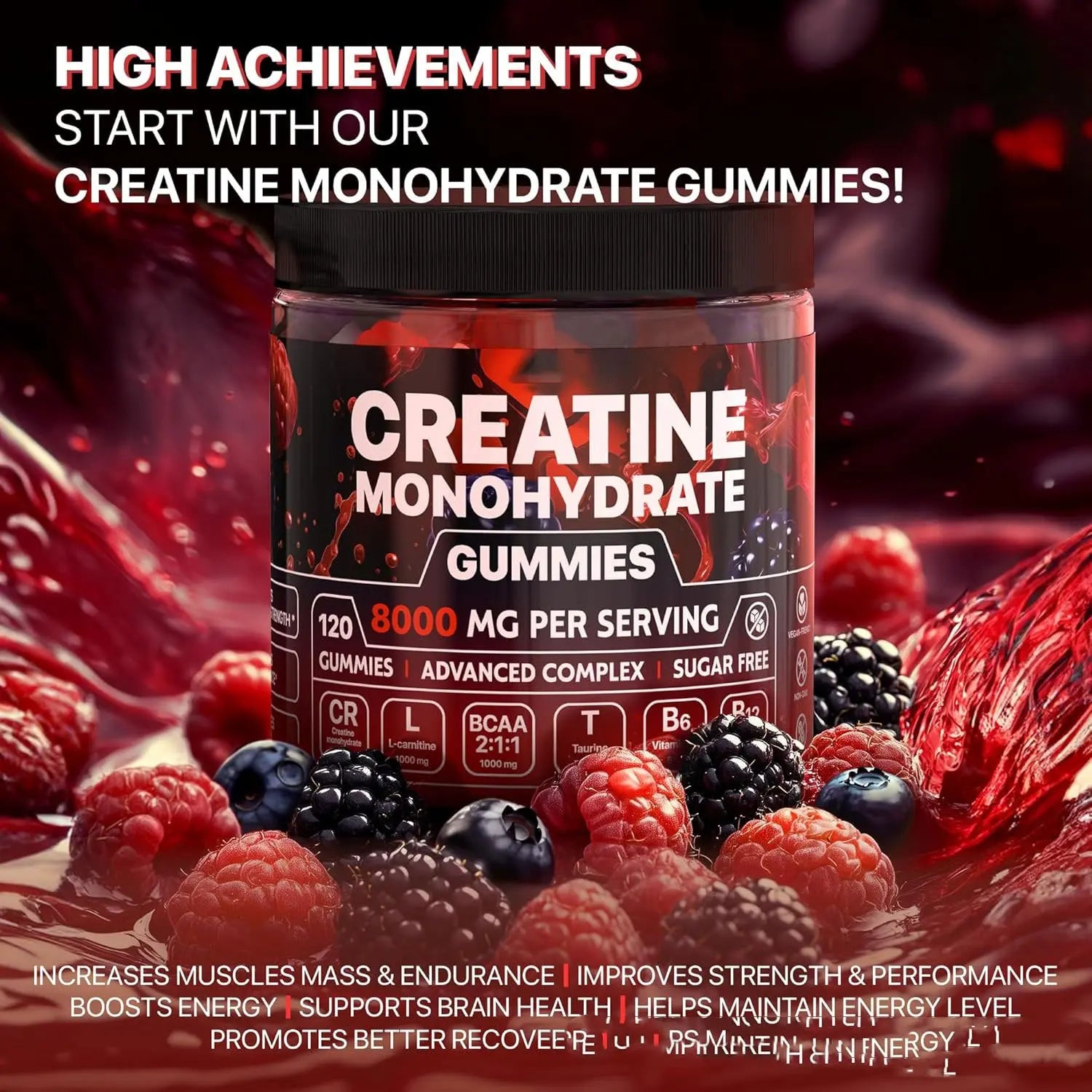 Shopezra L.L.C. Muscle Boost Gummies in a clear container, showing 120 flavorful gummy supplements for muscle support.