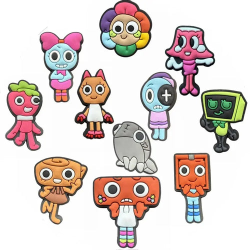 Set of 12 Dandys World Game series shoe charms by Shopezra L.L.C., colorful waterproof PVC decorations for summer footwear.