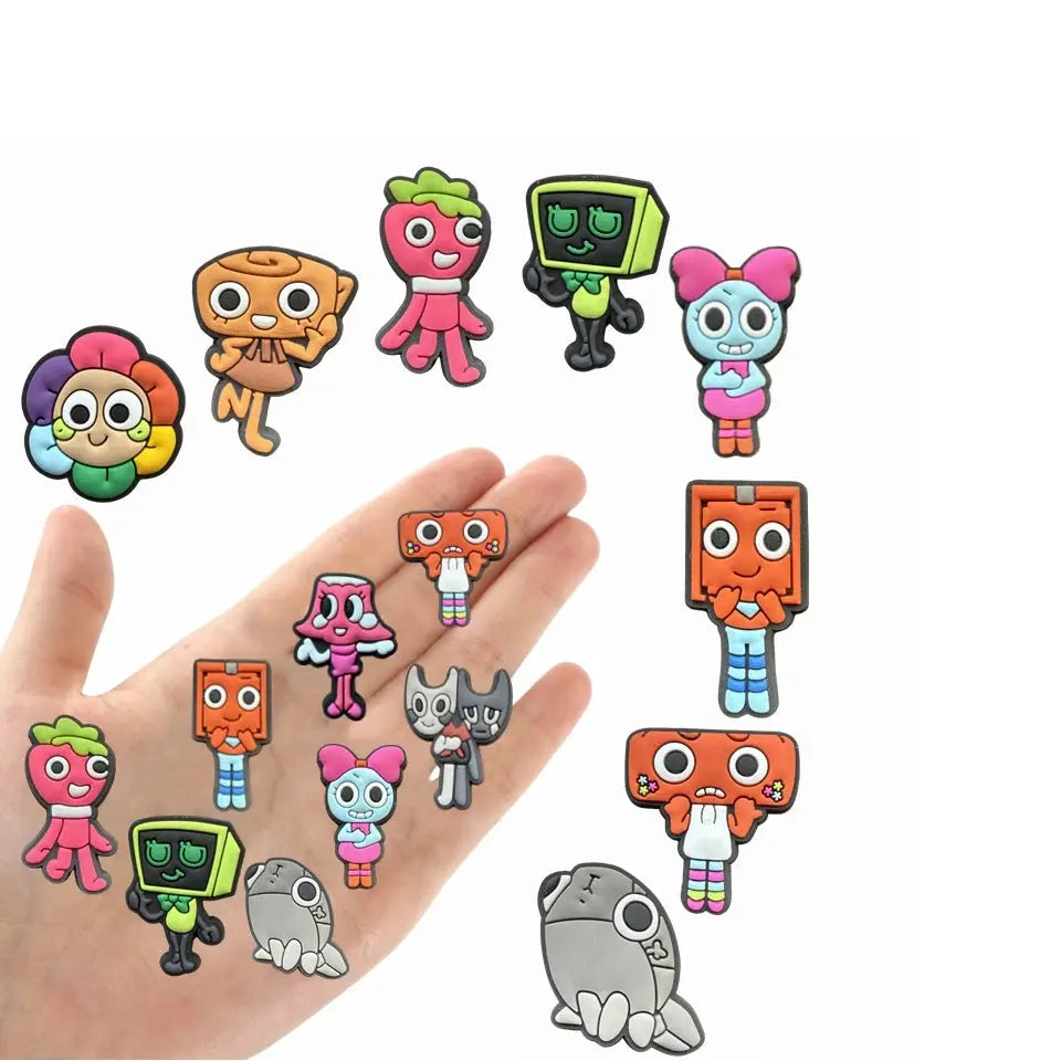 Set of 12 Dandys World game series shoe charms by SHOPEZRA L.L.C., waterproof PVC decorations, assorted styles for summer footwear.