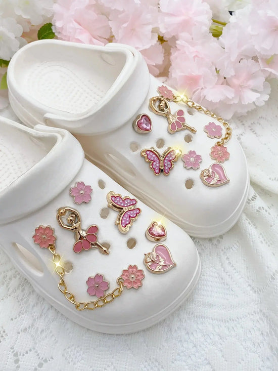 14pcs Fashion ABS Shoe Charms – Pink Flowers, Butterflies, Hearts & Flower Chains. DIY Removable Clog Decorations for Sandals, A SHOPEZRA L.L.C.