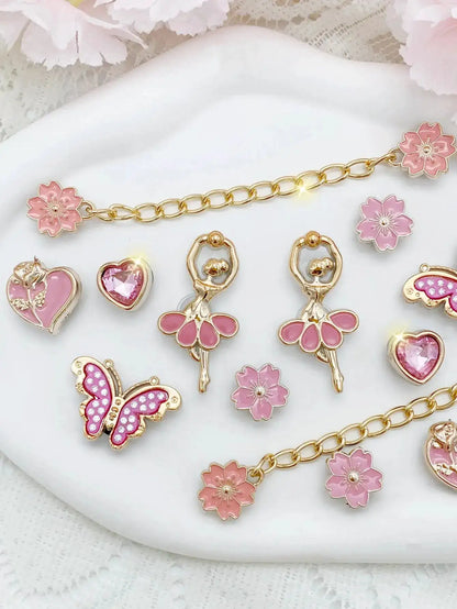 14pcs Fashion ABS Shoe Charms – Pink Flowers, Butterflies, Hearts &amp; Flower Chains. DIY Removable Clog Decorations for Sandals, A by Dropshipman