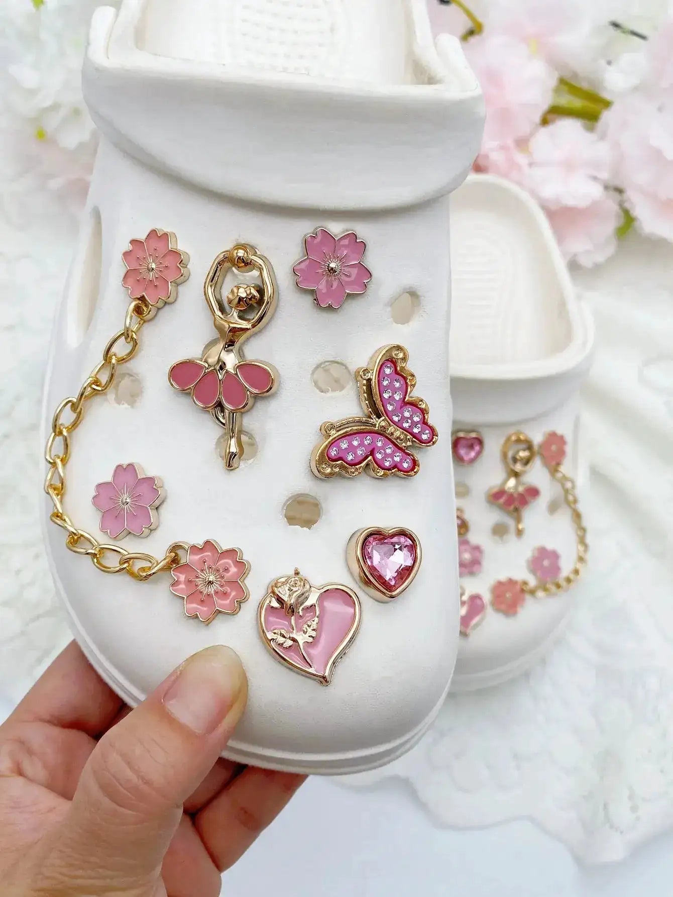 14pcs Fashion ABS Shoe Charms – Pink Flowers, Butterflies, Hearts &amp; Flower Chains. DIY Removable Clog Decorations for Sandals, A by Dropshipman
