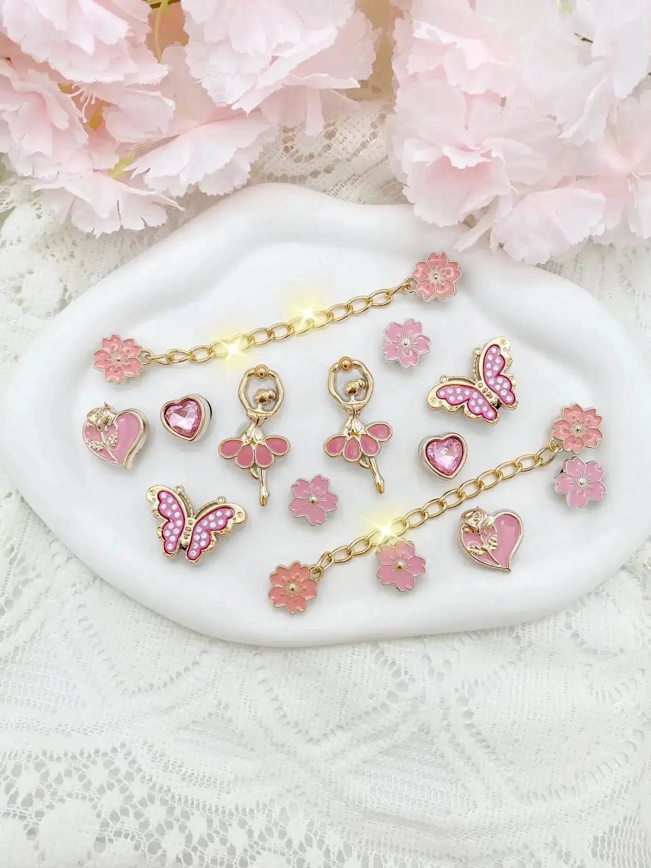 14pcs Fashion ABS Shoe Charms – Pink Flowers, Butterflies, Hearts &amp; Flower Chains. DIY Removable Clog Decorations for Sandals, A by Dropshipman