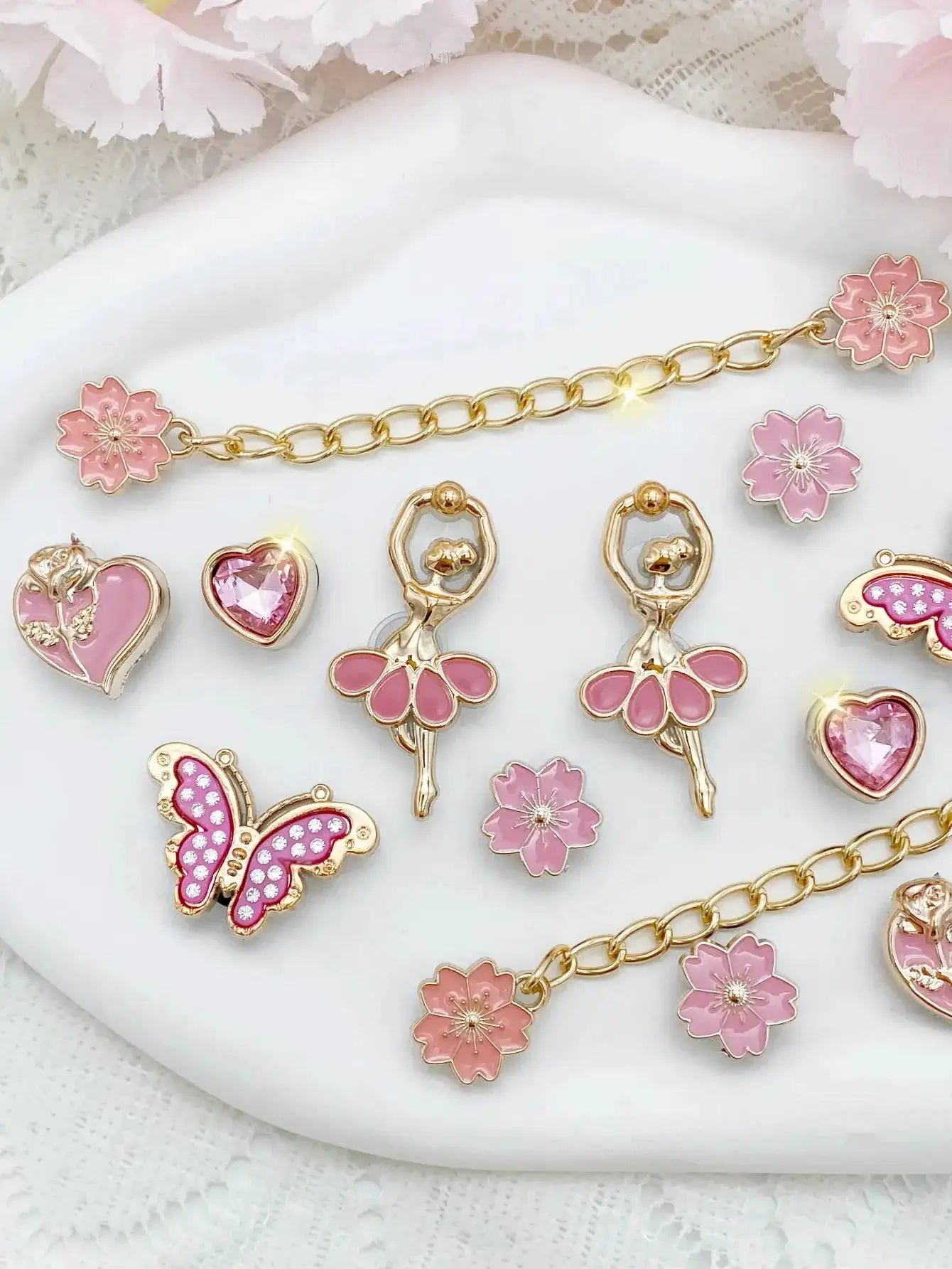 14pcs Fashion ABS Shoe Charms – Pink Flowers, Butterflies, Hearts &amp; Flower Chains. DIY Removable Clog Decorations for Sandals, A by Dropshipman