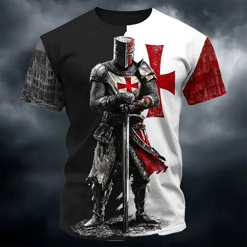Men's 3D print Templar Knight warrior T-shirt with medieval graphic design, short sleeves, round neck, casual summer streetwear.
