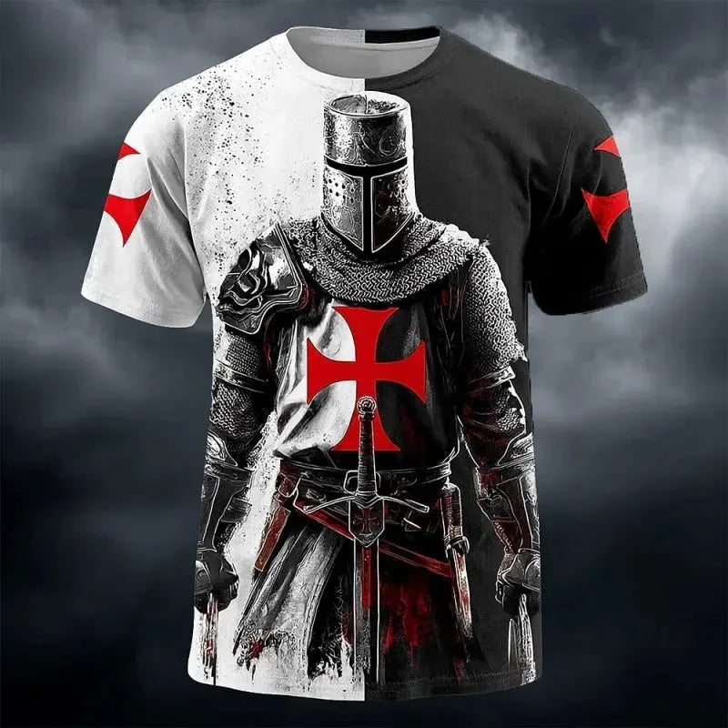 3D printed Templar Knight warrior T-shirt for men with medieval graphic design, short sleeves, round neck, casual summer street style.