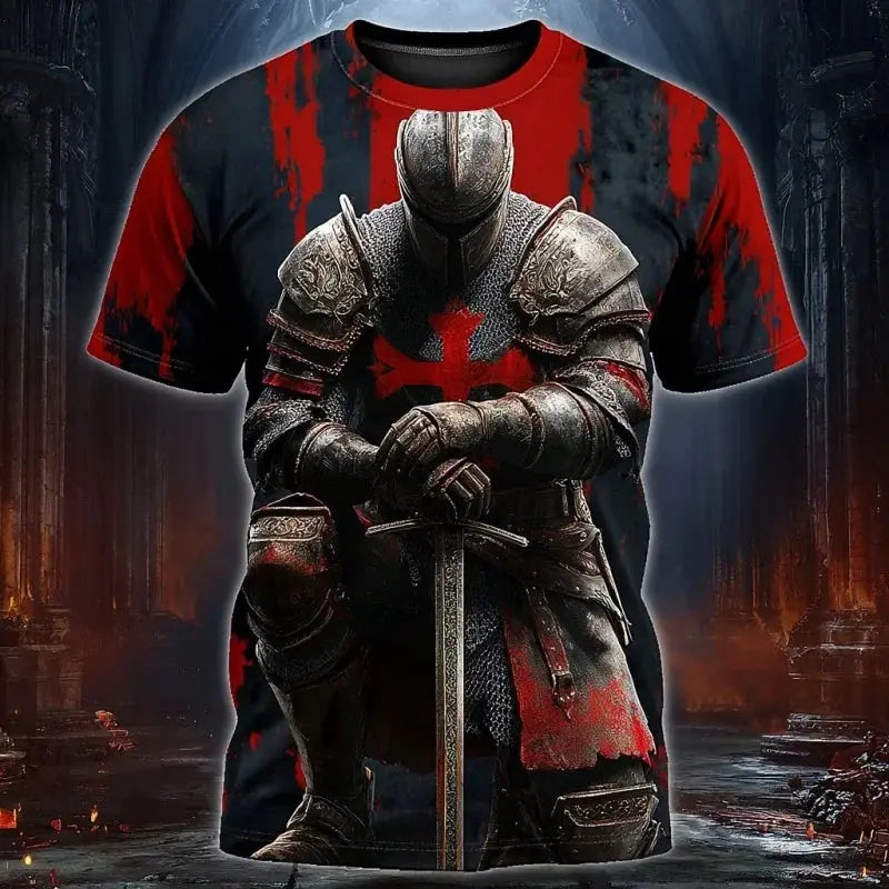 Men's Templar Knight Warrior 3D print T-shirt with medieval graphic, short sleeve, round neck, casual street style by SHOPEZRA L.L.C.