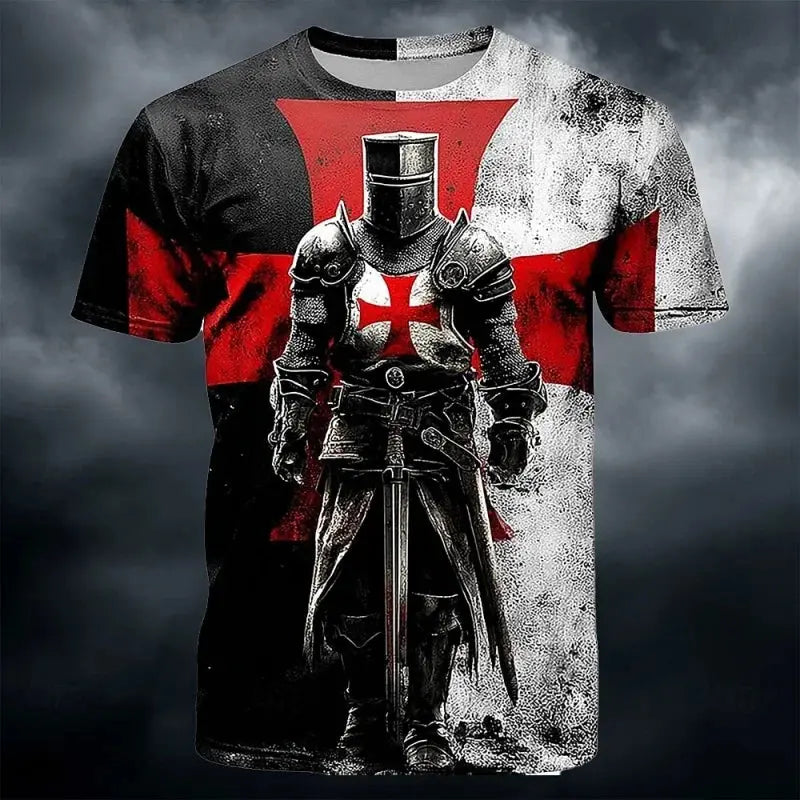 Men's 3D print Templar Knight Warrior T-shirt with medieval graphic, short sleeves, round neck, casual streetwear style.
