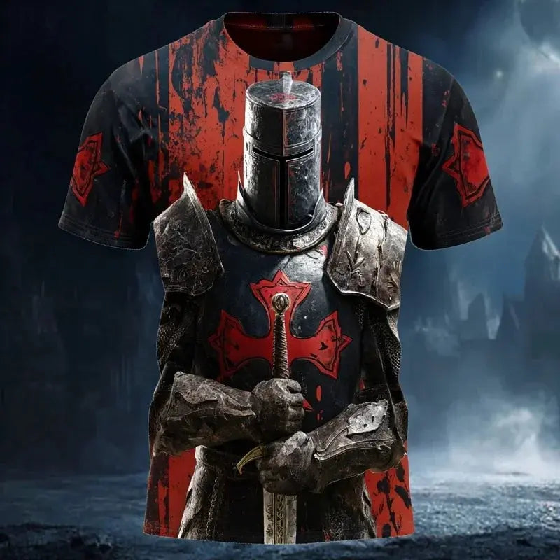 3D print Templar Knight warrior graphic T-shirt for men, short sleeve medieval style casual tee with round neck from SHOPEZRA L.L.C.