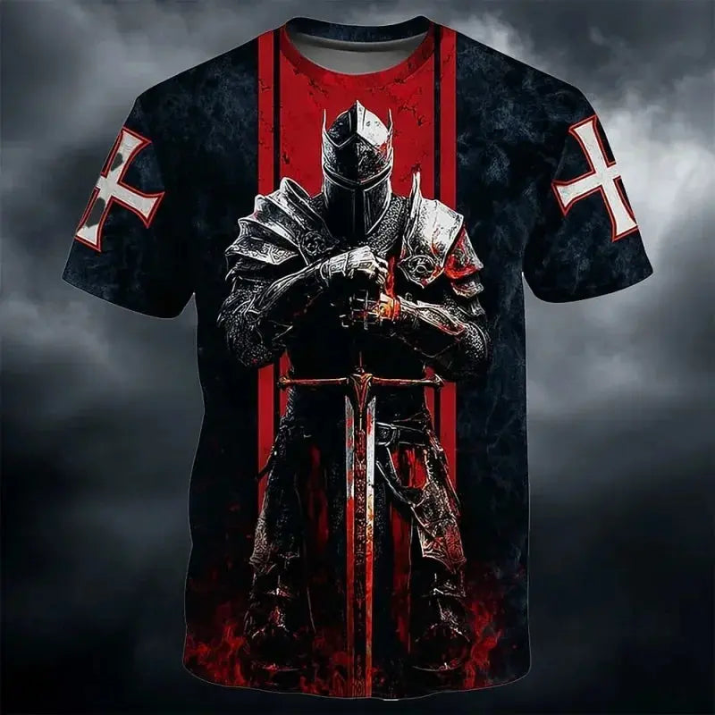Men's 3D Print Templar Knight Warrior T-Shirt with medieval graphic design, short sleeves, round neck, casual street style.