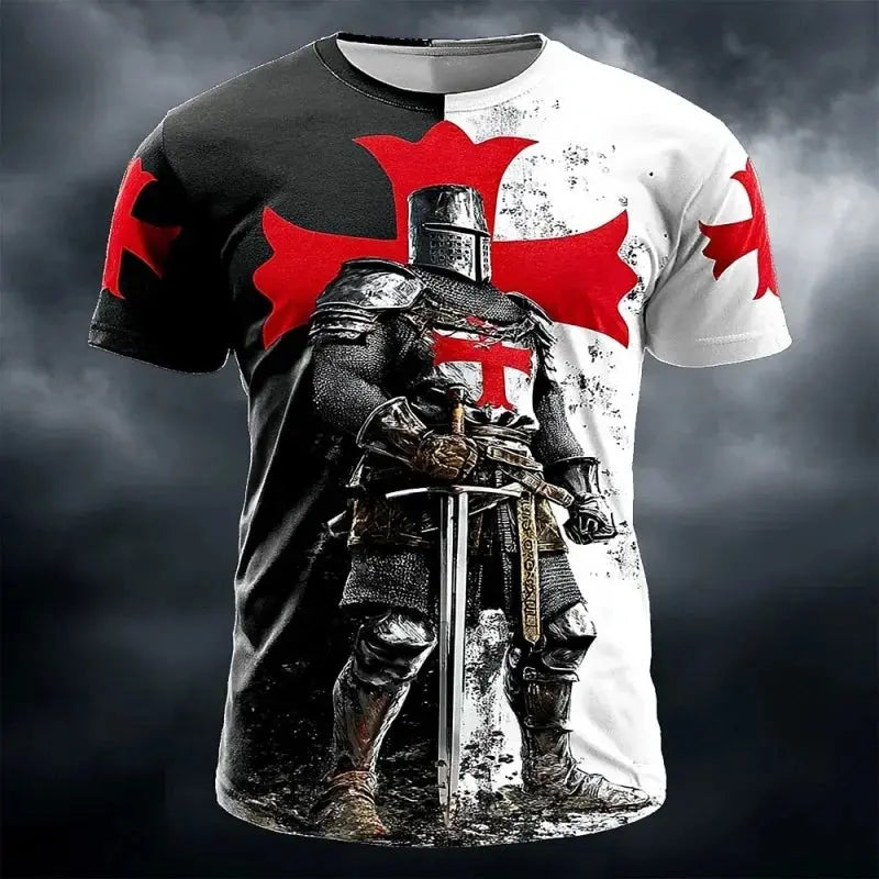 3D print Templar Knight Warrior T-shirt for men featuring medieval warrior graphic, short sleeves, round neck, casual summer wear
