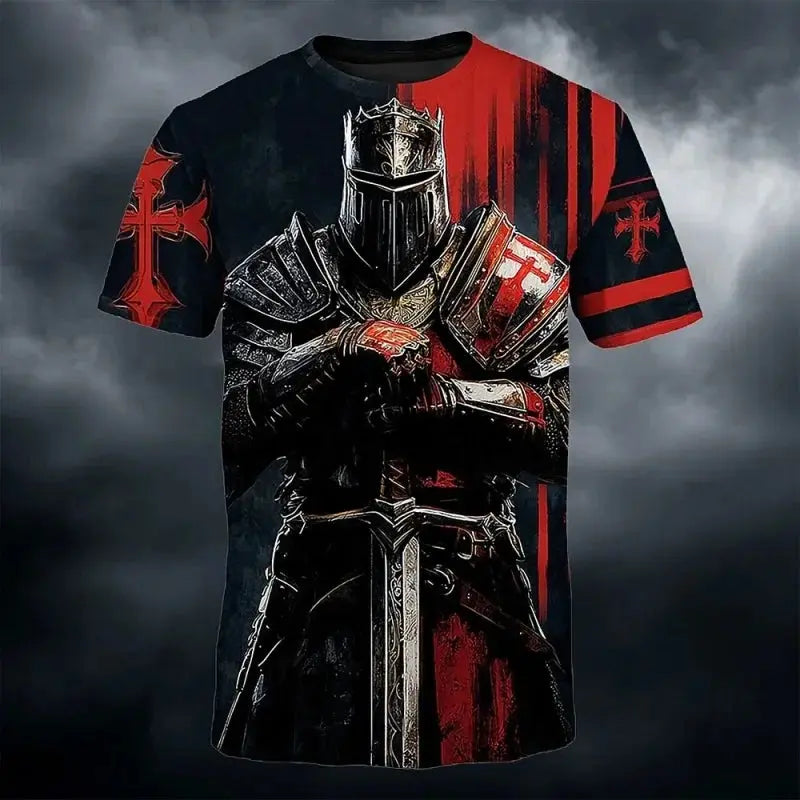 Men's 3D print Templar Knight warrior T-shirt with medieval graphic design, short sleeves, round neck, casual street style.