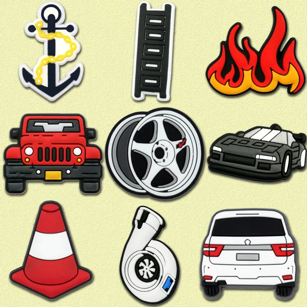 Set of 9 SHOPEZRA L.L.C. Jeep sports car shoe charms for boys and kids, including turbine hub and anchor shoe decoration accessories.