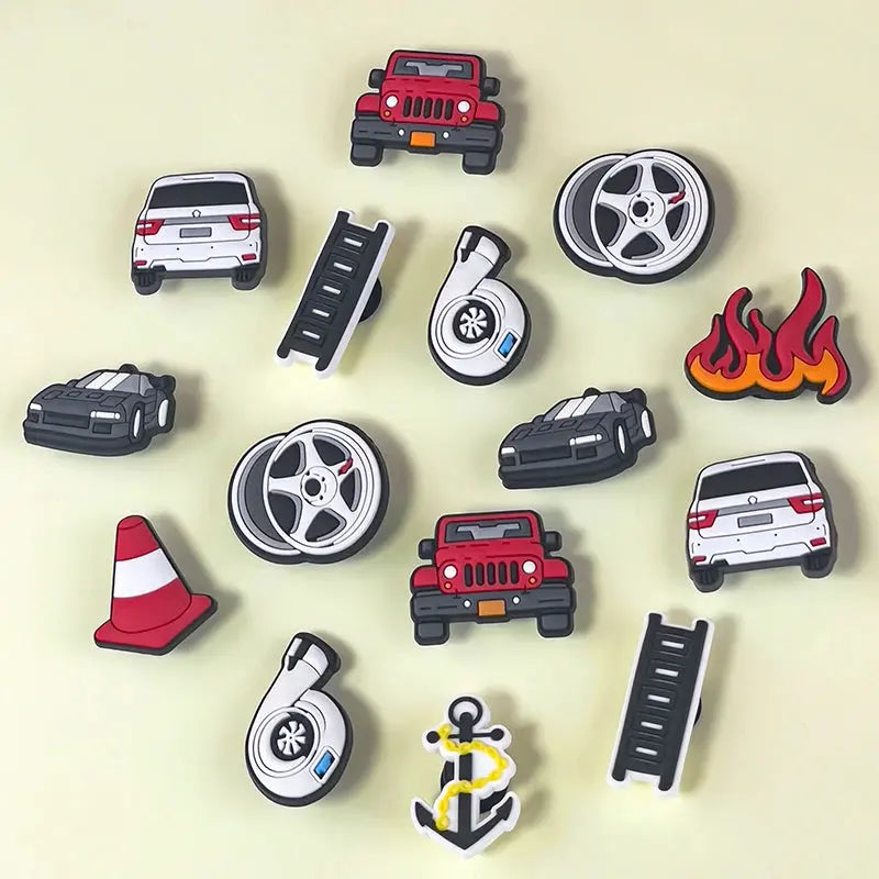Set of 9 SHOPEZRA L.L.C. Jeep sports car shoe charms for boys and kids, including turbine hub and ship's anchor pin decorations.