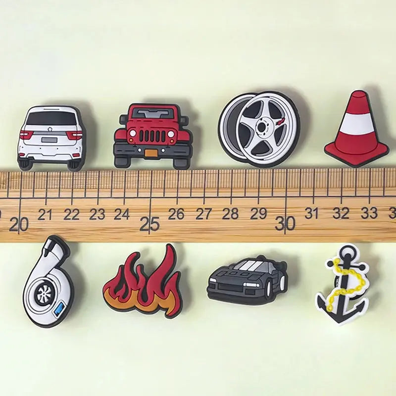 Set of 9 shoe charms including jeep sports car, turbine hub, and ship's anchor pin for boys and kids' shoes, decorative accessories.