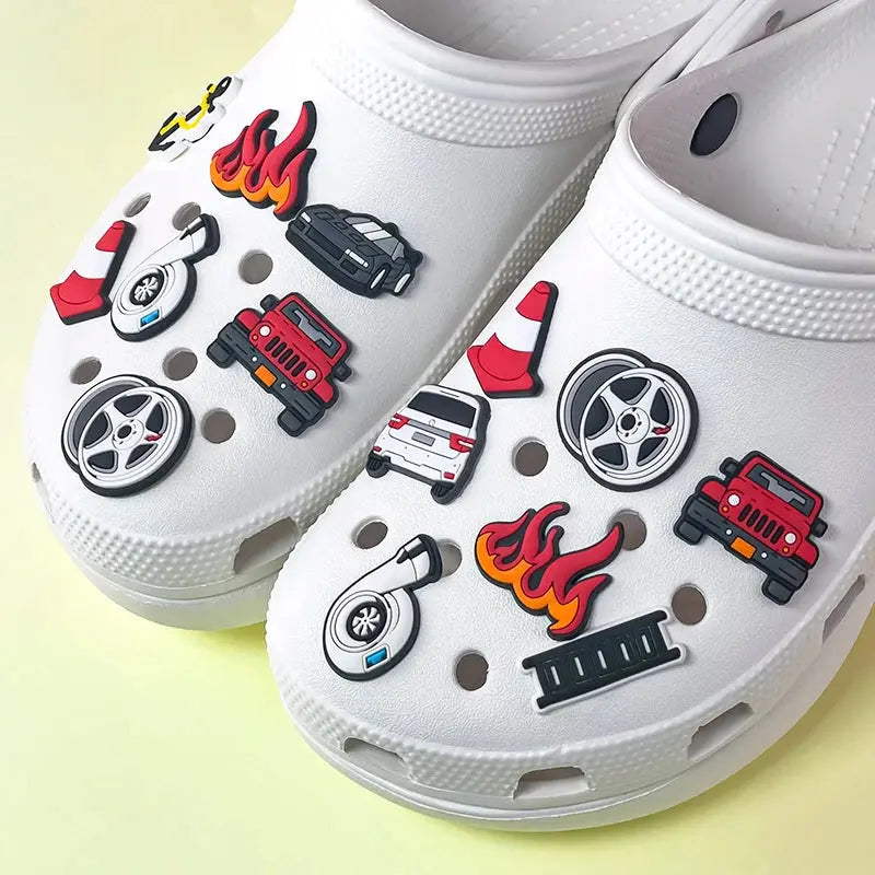 Set of 9 Jeep sports car shoe charms for boys, including turbine hub and anchor pin decorations for kids' shoes and clogs.