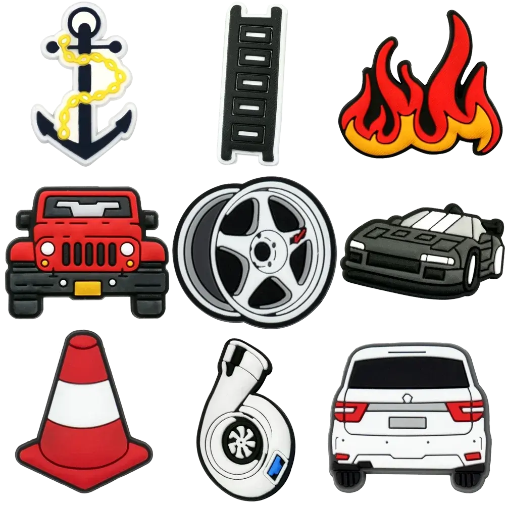 Set of 9 SHOPEZRA L.L.C. Jeep sports car shoe charms with turbine hub and ship's anchor pin for boys and kids' shoe decoration.
