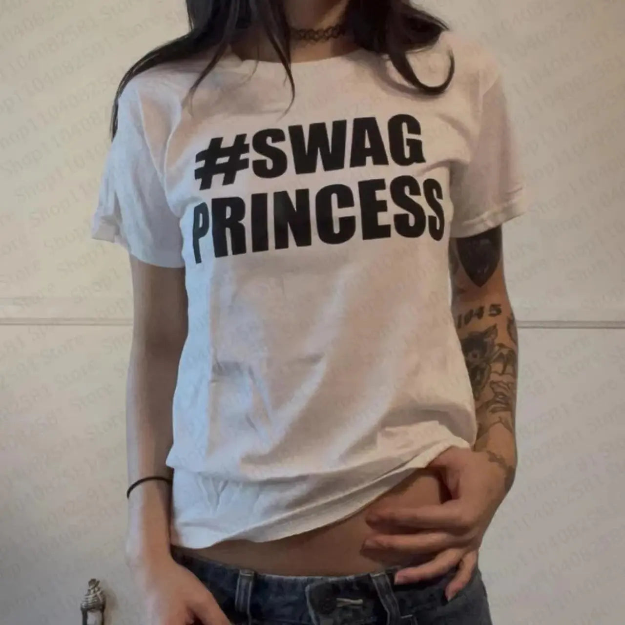 Aesthetic kawaii women's retro 90s Y2K style letter T-shirt with casual emo fashion, featuring baby letter print and vintage design.