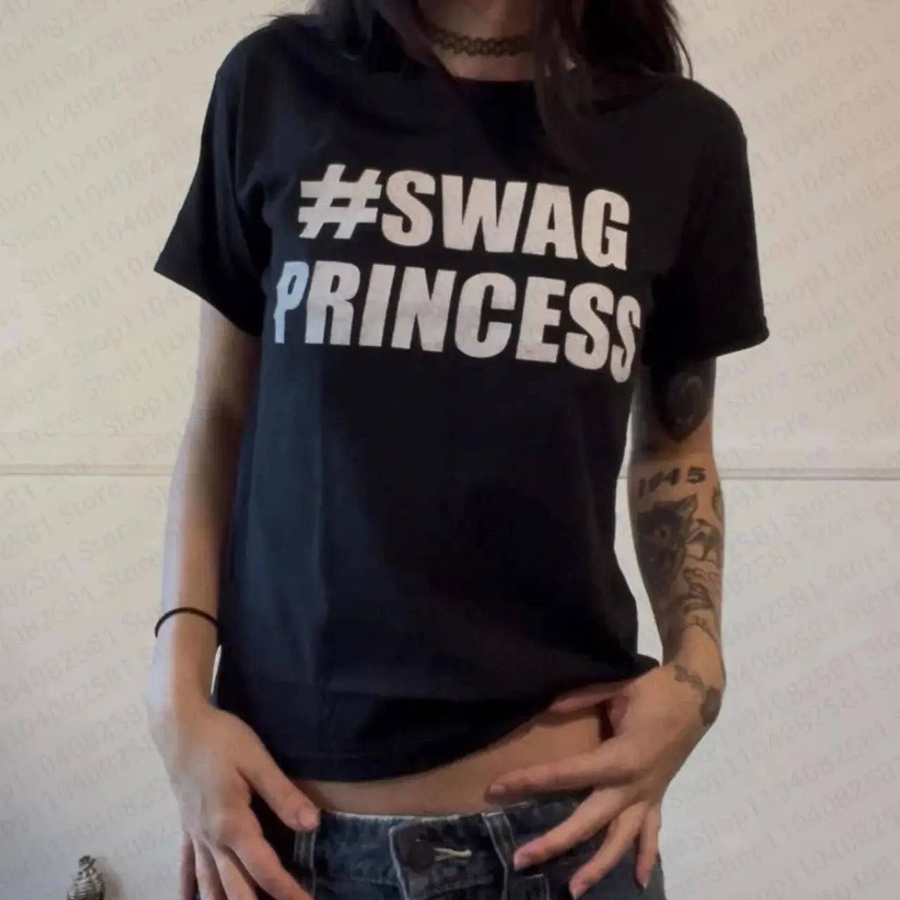 Aesthetic kawaii women's T-shirt featuring retro 90s and Y2K style with baby letter print, casual emo fashion, and a relaxed fit.