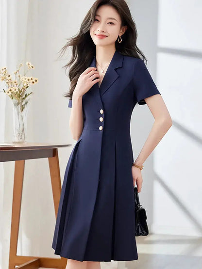 [Elegant Long Skirt] V-neck Short-sleeved dress High-end Work Clothes Mid-length Skirt Spring and Summer Business Wear Uniform by Dropshipman