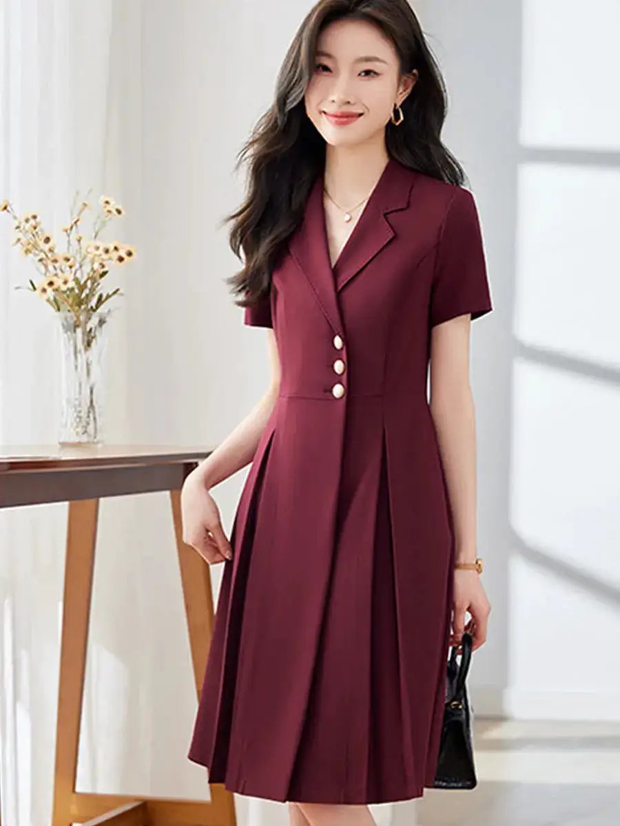 [Elegant Long Skirt] V-neck Short-sleeved dress High-end Work Clothes Mid-length Skirt Spring and Summer Business Wear Uniform by Dropshipman