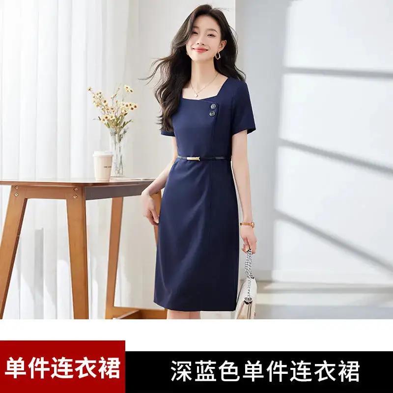 [Elegant Long Skirt] V-neck Short-sleeved dress High-end Work Clothes Mid-length Skirt Spring and Summer Business Wear Uniform by Dropshipman