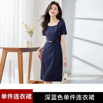 [Elegant Long Skirt] V-neck Short-sleeved dress High-end Work Clothes Mid-length Skirt Spring and Summer Business Wear Uniform by Dropshipman