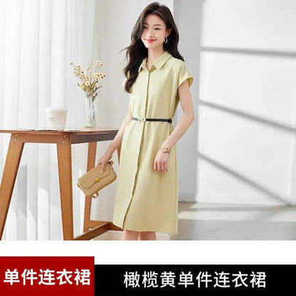 [Elegant Long Skirt] V-neck Short-sleeved dress High-end Work Clothes Mid-length Skirt Spring and Summer Business Wear Uniform by Dropshipman