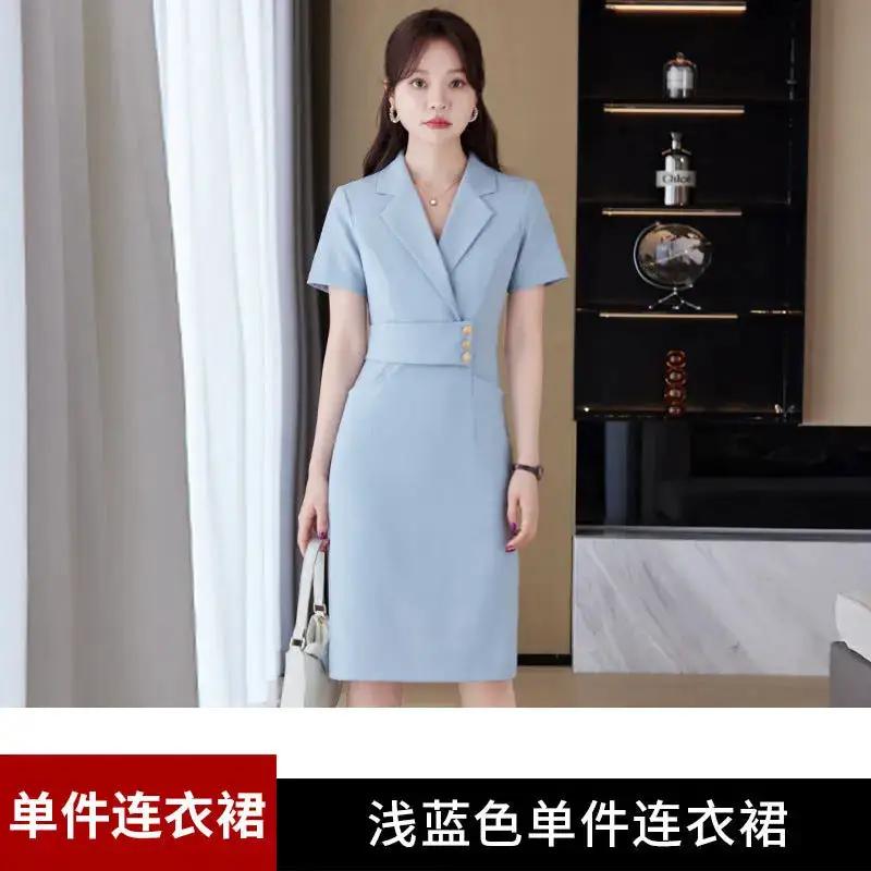 [Elegant Long Skirt] V-neck Short-sleeved dress High-end Work Clothes Mid-length Skirt Spring and Summer Business Wear Uniform by Dropshipman