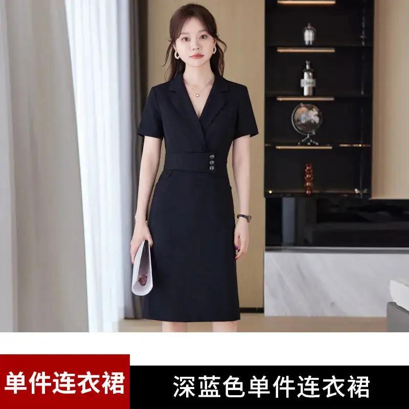 [Elegant Long Skirt] V-neck Short-sleeved dress High-end Work Clothes Mid-length Skirt Spring and Summer Business Wear Uniform by Dropshipman
