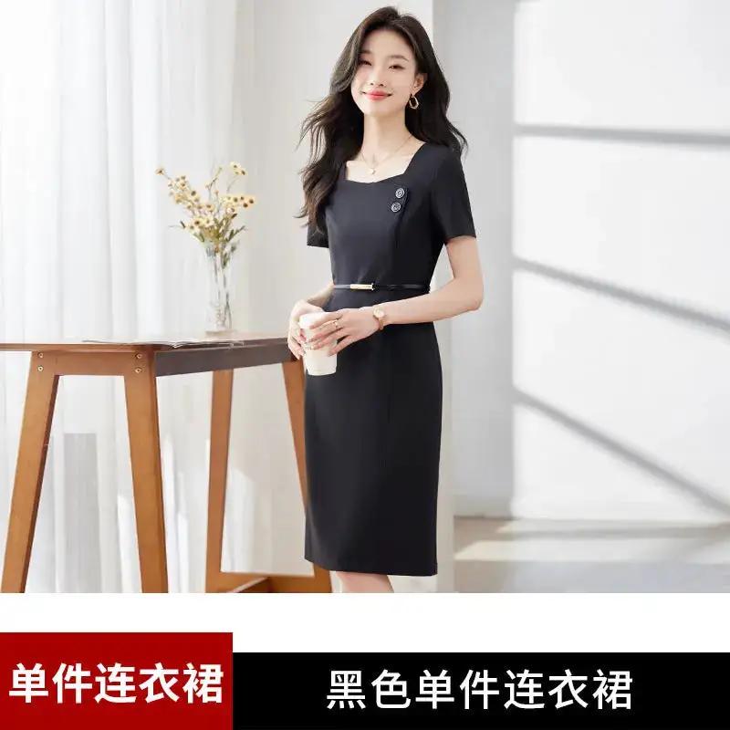 [Elegant Long Skirt] V-neck Short-sleeved dress High-end Work Clothes Mid-length Skirt Spring and Summer Business Wear Uniform by Dropshipman