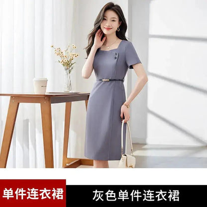 [Elegant Long Skirt] V-neck Short-sleeved dress High-end Work Clothes Mid-length Skirt Spring and Summer Business Wear Uniform by Dropshipman