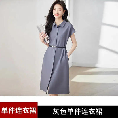 [Elegant Long Skirt] V-neck Short-sleeved dress High-end Work Clothes Mid-length Skirt Spring and Summer Business Wear Uniform by Dropshipman