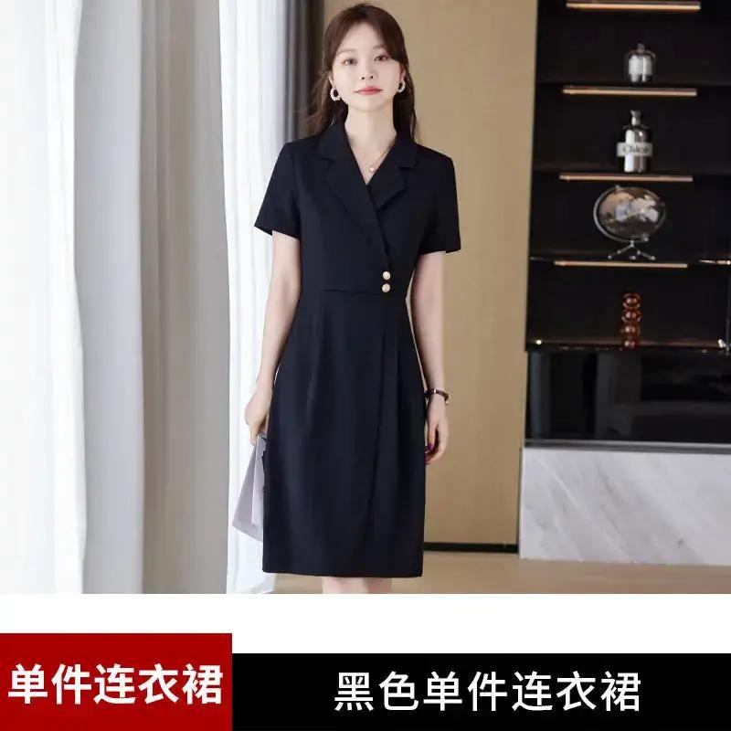 [Elegant Long Skirt] V-neck Short-sleeved dress High-end Work Clothes Mid-length Skirt Spring and Summer Business Wear Uniform by Dropshipman