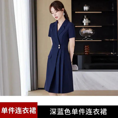 [Elegant Long Skirt] V-neck Short-sleeved dress High-end Work Clothes Mid-length Skirt Spring and Summer Business Wear Uniform by Dropshipman