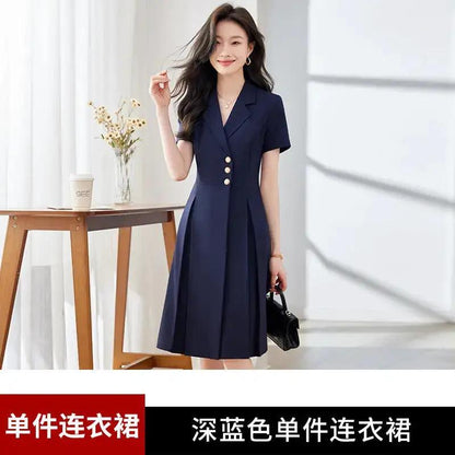 [Elegant Long Skirt] V-neck Short-sleeved dress High-end Work Clothes Mid-length Skirt Spring and Summer Business Wear Uniform by Dropshipman