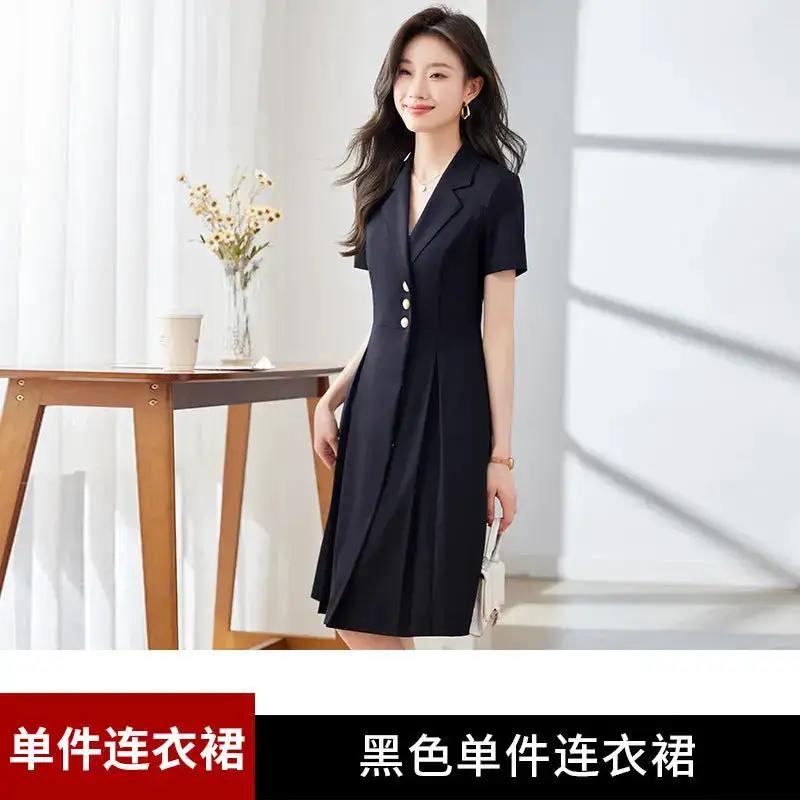 [Elegant Long Skirt] V-neck Short-sleeved dress High-end Work Clothes Mid-length Skirt Spring and Summer Business Wear Uniform by Dropshipman
