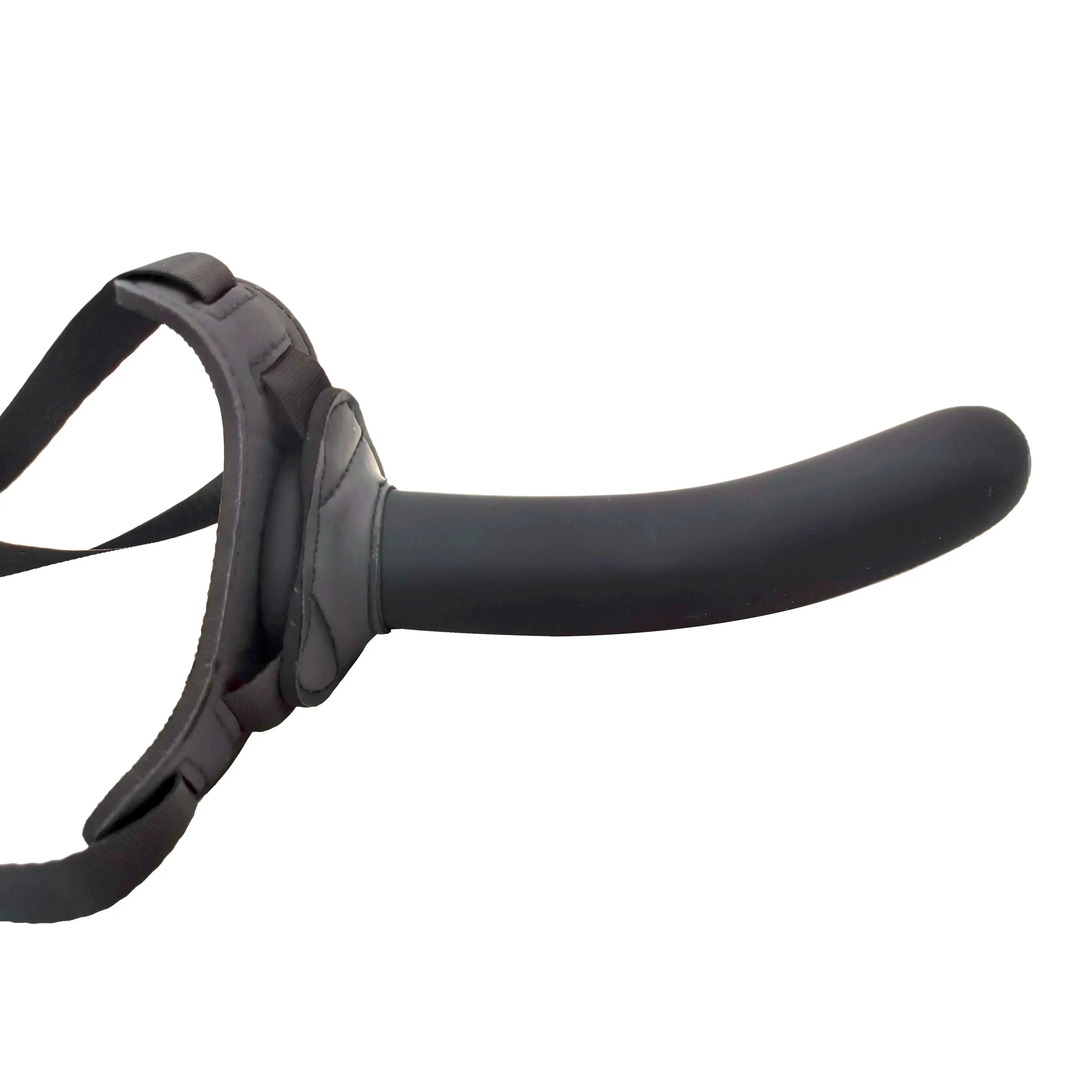 Adjustable harness strap-on with realistic dildo for women, ideal for lesbian couples; black strap-on pants with adjustable straps.
