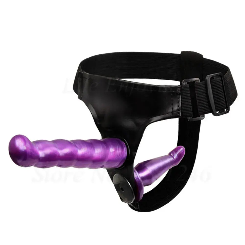 Adjustable harness strap-on dildo with realistic design, worn as strap-on pants for lesbian couples, featuring anal and vaginal options.