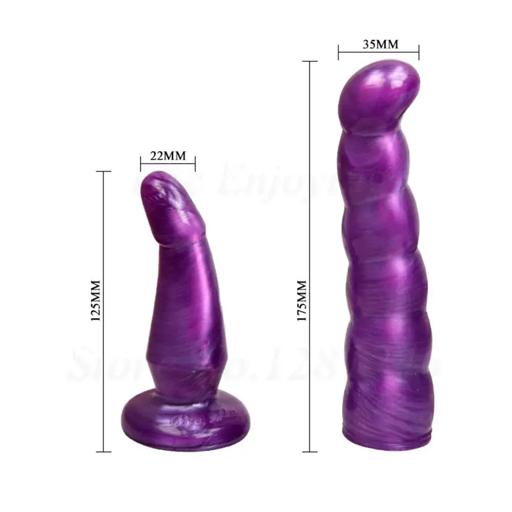 Adjustable harness strap-on dildo with realistic design, worn as pants for lesbian couples, featuring anal and vaginal stimulation.
