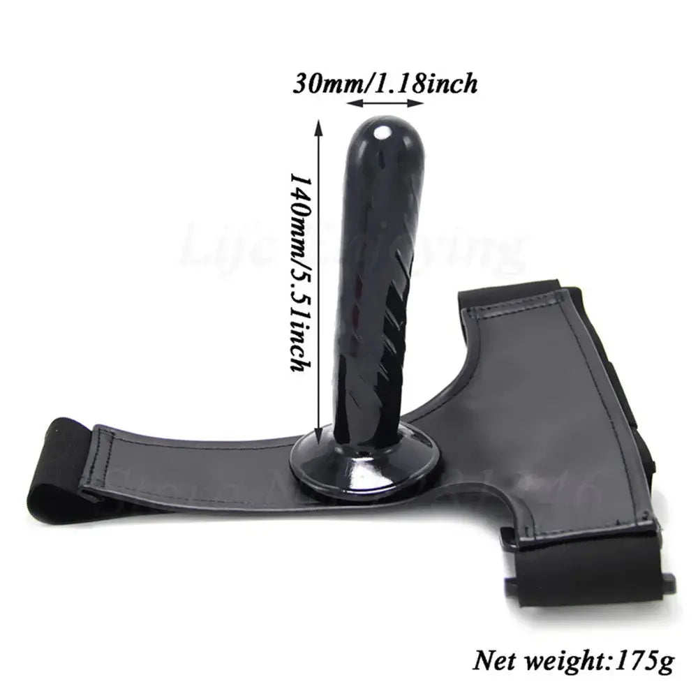 Adjustable harness strap-on dildo with realistic design, worn like pants, for lesbian couples and women, sex toy for anal and vaginal pleasure.