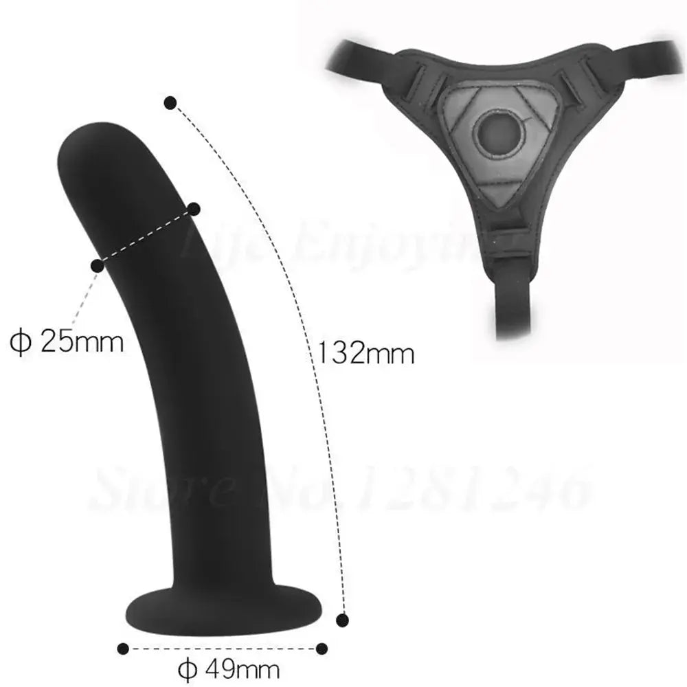 Adjustable harness strap-on dildo with realistic design, worn as pants, for lesbian couples and adult pleasure.