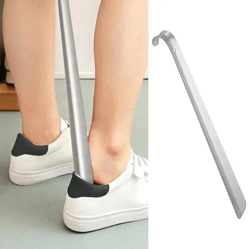 Pair of 52cm silver stainless steel shoehorns by SHOPEZRA L.L.C., long shoe aid for easy slip-on and shoe removal.