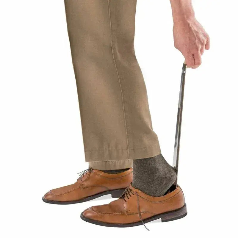 Pair of 52cm extra-long stainless steel shoehorns from SHOPEZRA L.L.C. for easy slip-on and shoe removal, silver metal design.